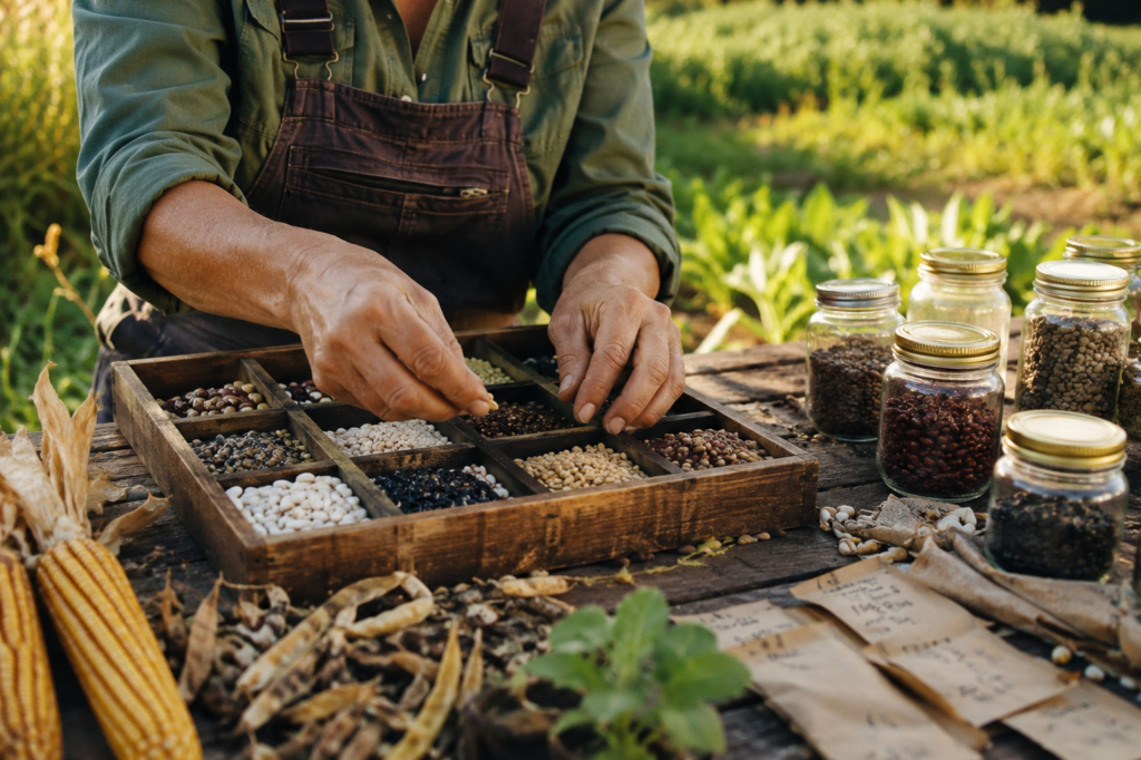 manos de agricultor seleccionando semillas